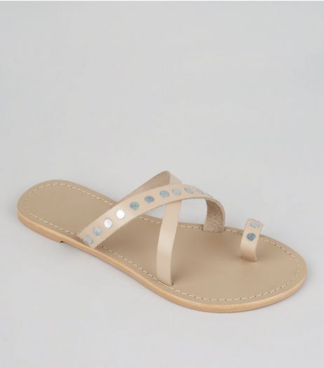 Wide Fit Nude Pink Studded Cross Strap Leather Sandals | New Look