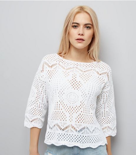 White Crochet Scallop Hem Top | New Look