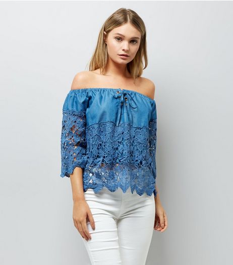 Cameo Rose Blue Crochet Panel Bardot Neck Top | New Look