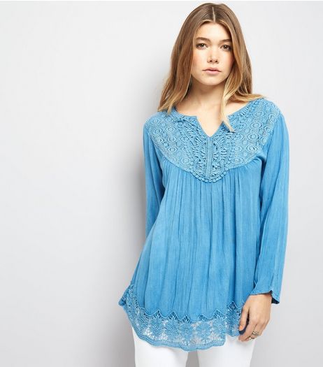 Blue Vanilla Blue Crochet Lace Trim Flared Sleeve Top | New Look