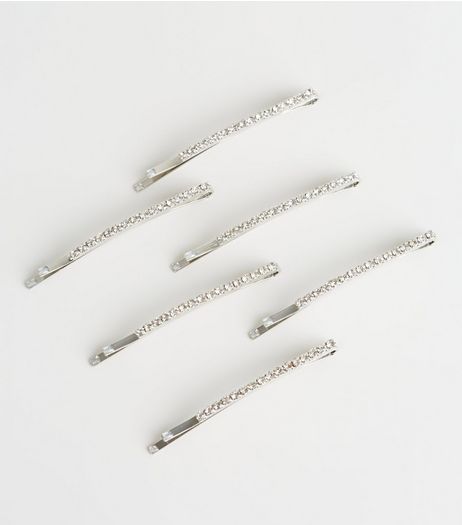 6 Pack Silver Diamante Kirby Grips | New Look