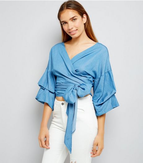 Blue Denim Ruched Sleeve Wrap Front Top | New Look