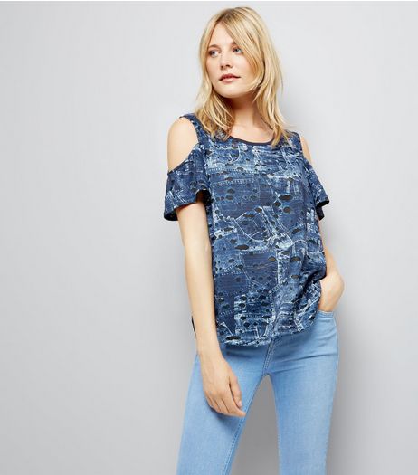 Apricot Blue Abstract Print Cold Shoulder Top | New Look