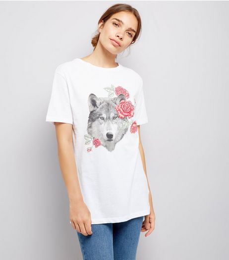 White Floral Wolf Print Boyfriend T-Shirt | New Look