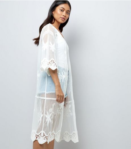 Petite White Crochet Mesh Longline Kimono | New Look