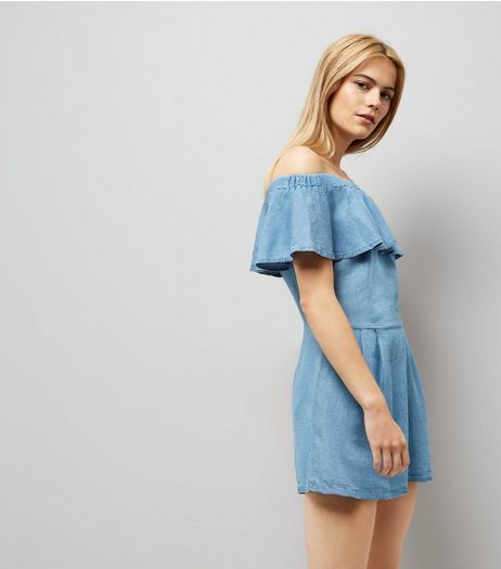 Cameo Rose Blue Bardot Neck Playsuit | New Look