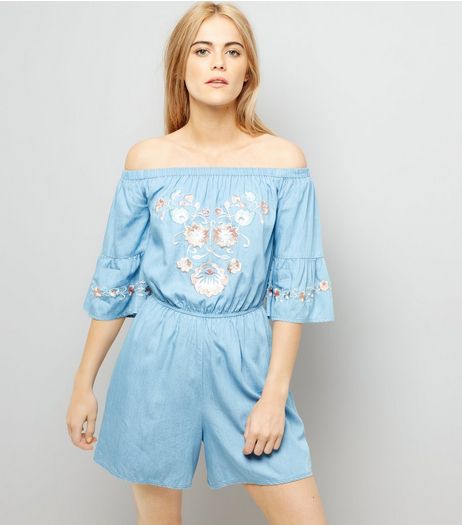 Blue Floral Embroidered Bell Sleeve Denim Playsuit | New Look