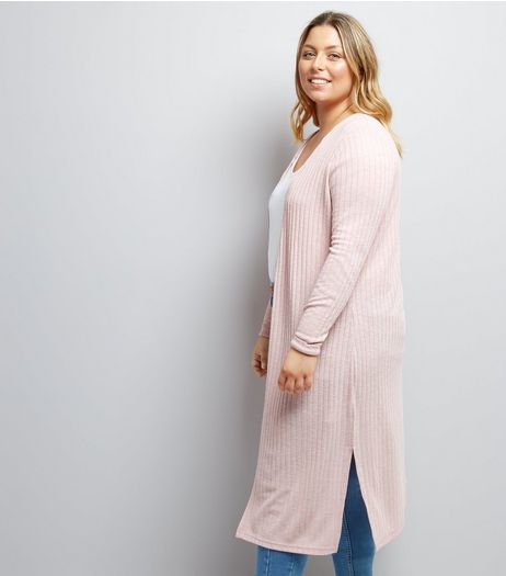 Curves Pink Ribbed Midi Cardigan | New Look