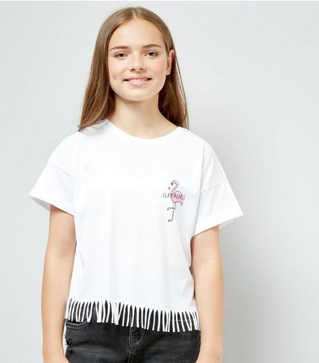 Teens White Flamingoals Cotton Tassle T-Shirt | New Look