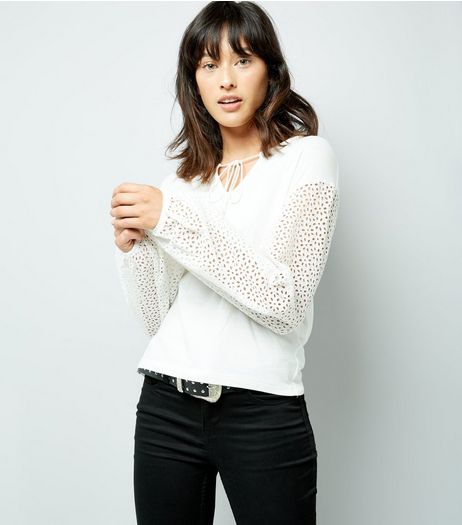 White Cut Out Embroidered Sleeve Blouse | New Look