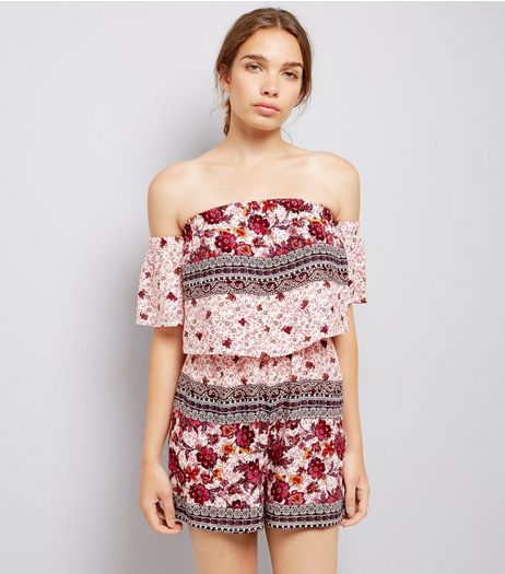 Parisian Shell Pink Floral Print Bardot Neck Playsuit | New Look