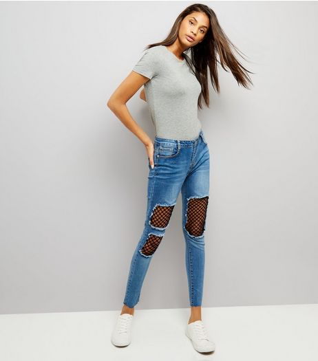 Parisian Blue Fishnet Knee Skinny Jeans | New Look