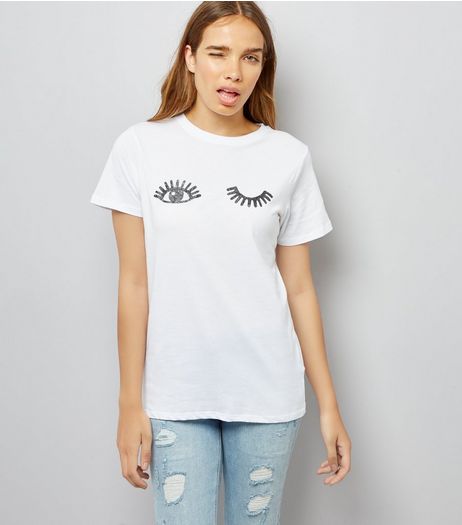 White Glitter Wink Print T-Shirt | New Look