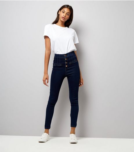 Navy High Waisted Button Front Skinny Jeans | New Look