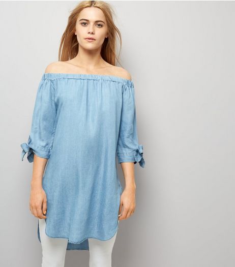 Blue Vanilla Blue Denim Tie Sleeve Bardot Neck Dress | New Look