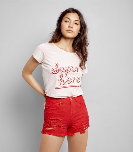 Shell Pink Superhero Slogan T-Shirt | New Look
