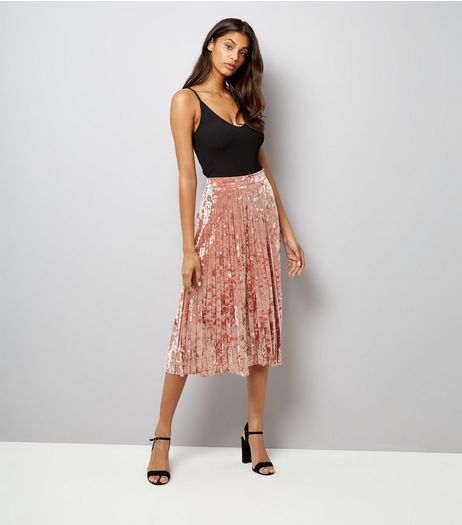 Pink Velvet Pleated Midi Skirt | New Look
