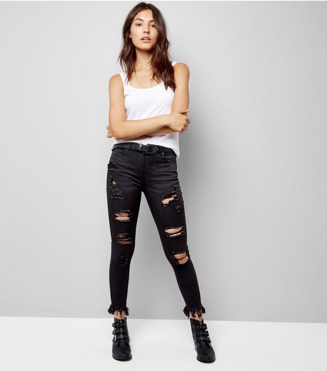 Parisian Charcoal Ripped Frill Hem Jeans | New Look