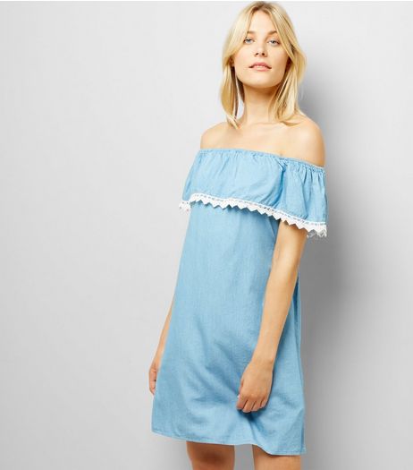 Cameo Rose Blue Crochet Trim Bardot Neck Dress | New Look