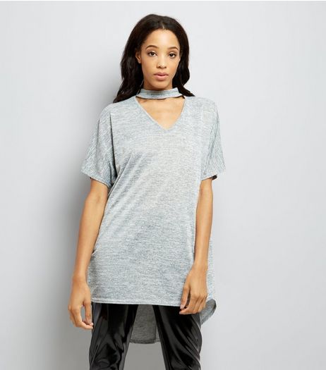 Grey Dip Hem Choker T-Shirt | New Look