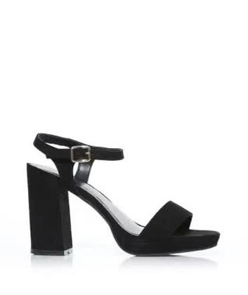wide fit black suedette cross strap block heels