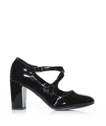 wide fit black suedette cross strap block heels