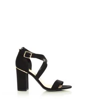 wide fit black suedette cross strap block heels