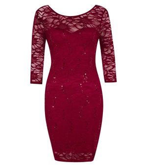 Red Sequin Floral Lace Bodycon Dress