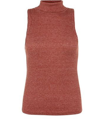 Rust Ribbed Roll Neck Sleeveless Top