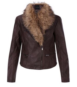 Brown Leather-Look Faux Fur Collar Biker Jacket