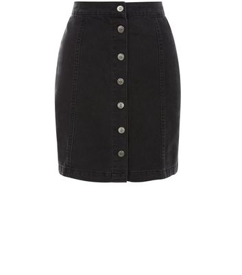 Tall Black Button Front Denim Skirt