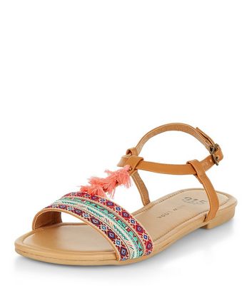 Teens Tan Aztec Print Tassel Sandals