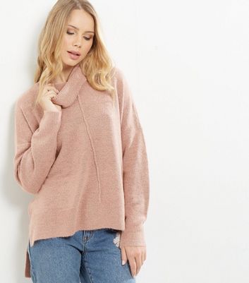 Mid Pink Cowl Neck Step Hem Jumper