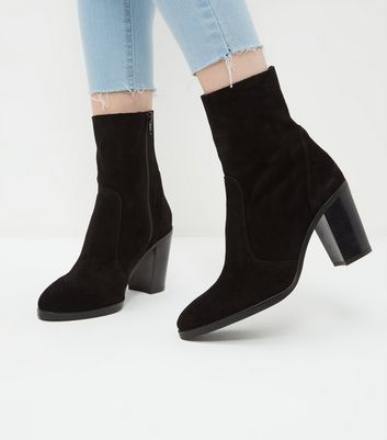 Black Premium Suede Block Heel High Ankle Boots