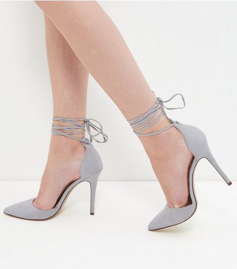 Grey Suedette Tie Ankle Strap Pointed Heels | New Look