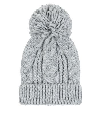 Pale Grey Cable Knit Bobble Beanie Hat | New Look