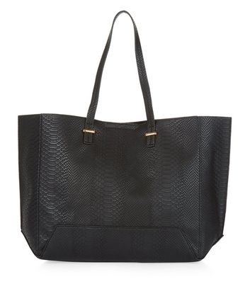 Black Snakeskin Textured Shopper Bag