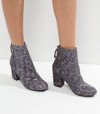 Silver Glitter Block Heel Ankle Boots | New Look