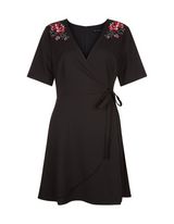 New Look Black Rose Embroidered Wrap Front dress