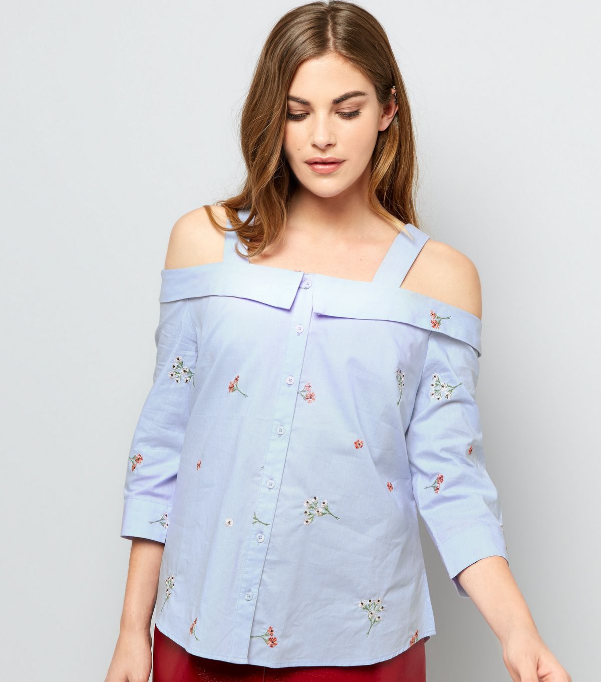 Pale Blue Floral Embroidered Cold Shoulder Shirt | New Look