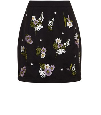 Black Floral Embroidered Mini Skirt